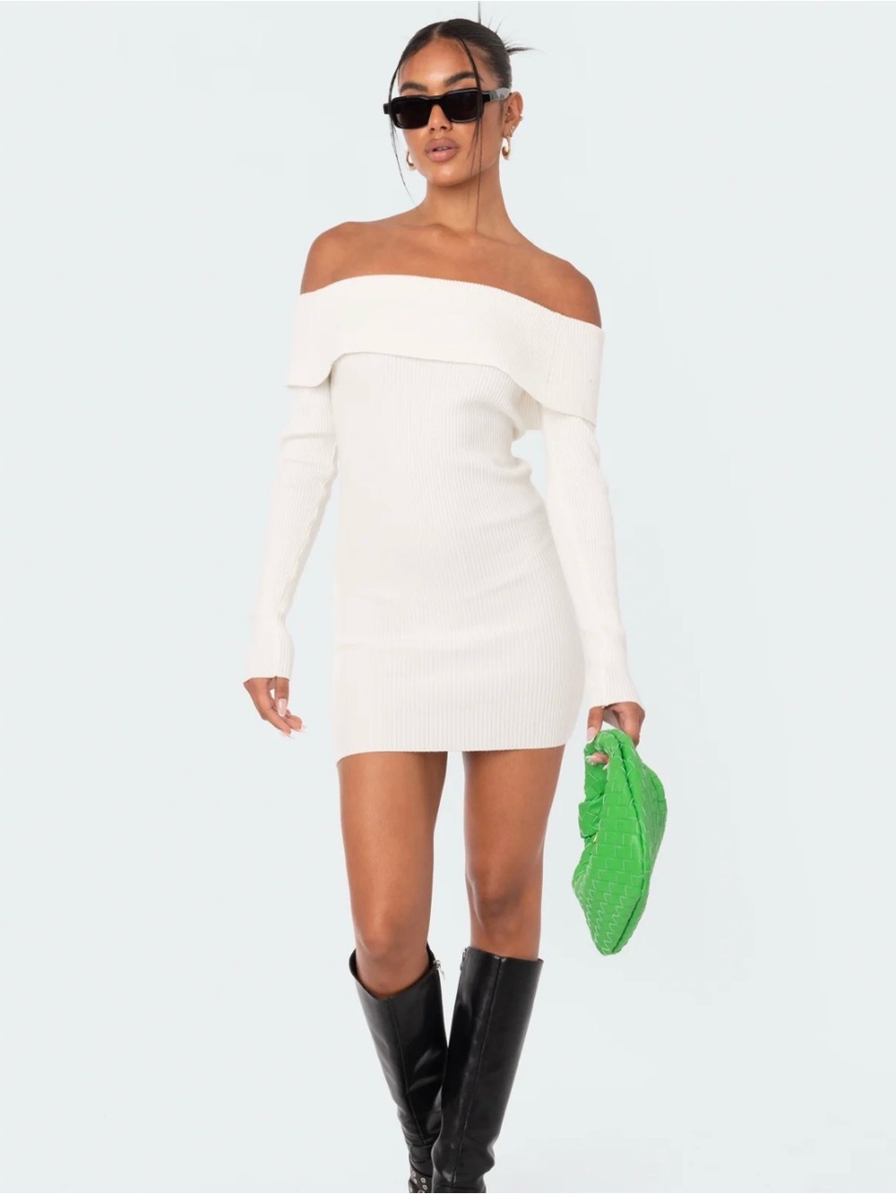 Off-Shoulder Edikted Ribbed Mini Dress in White